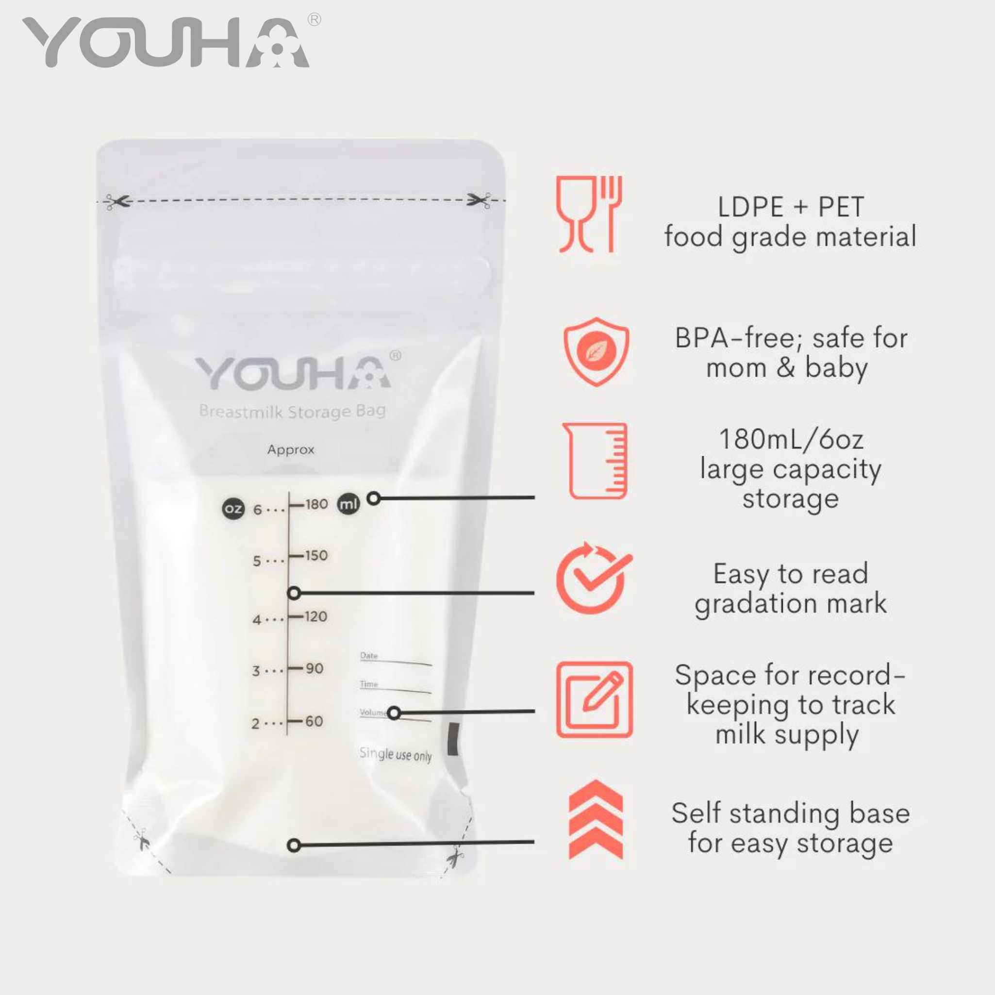 Youha Breast Milk Storage Bags 180ml - 50 bags